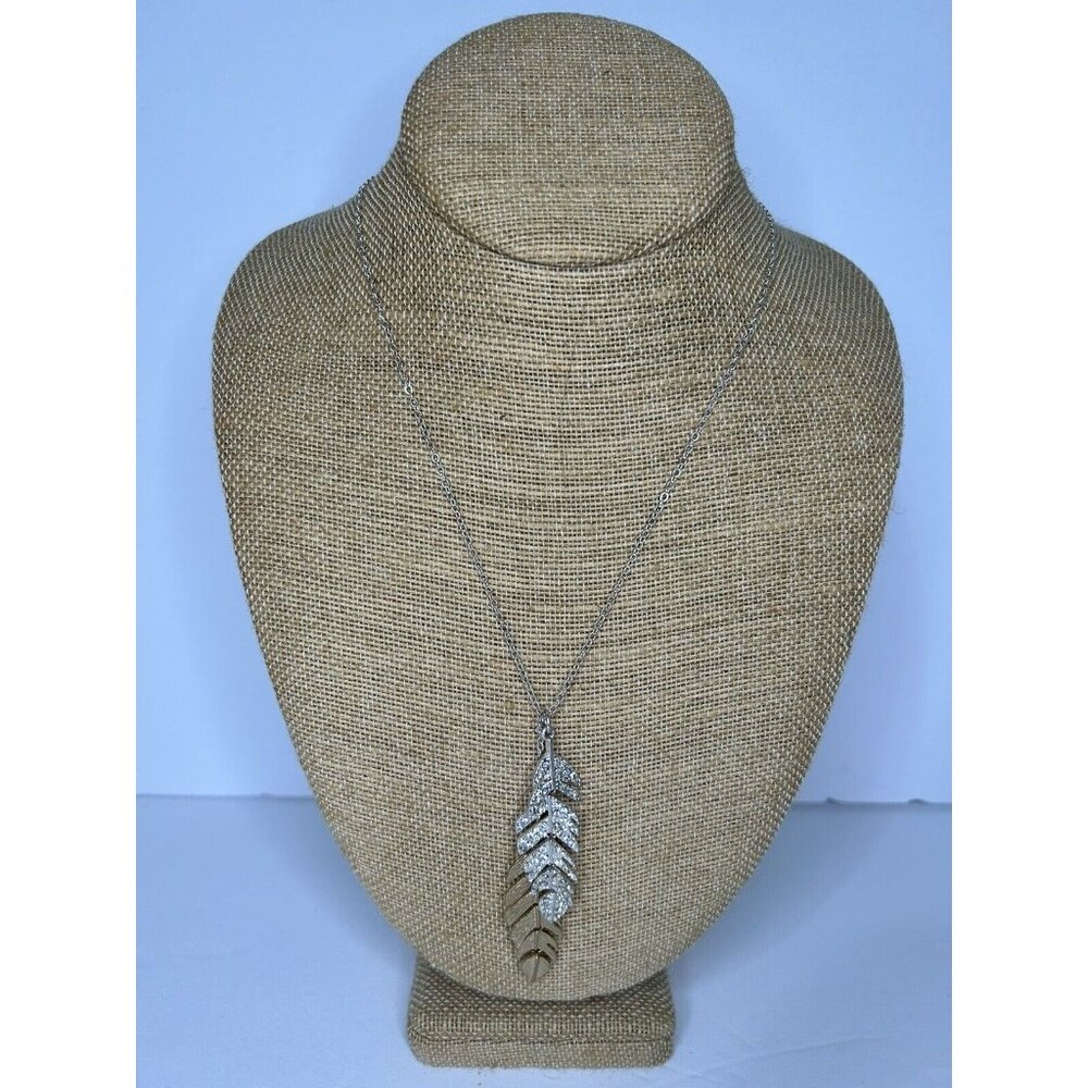 Periwinkle by Barlow Gold/Silver Tone Rhinestone Feather Pendant Necklace NEW